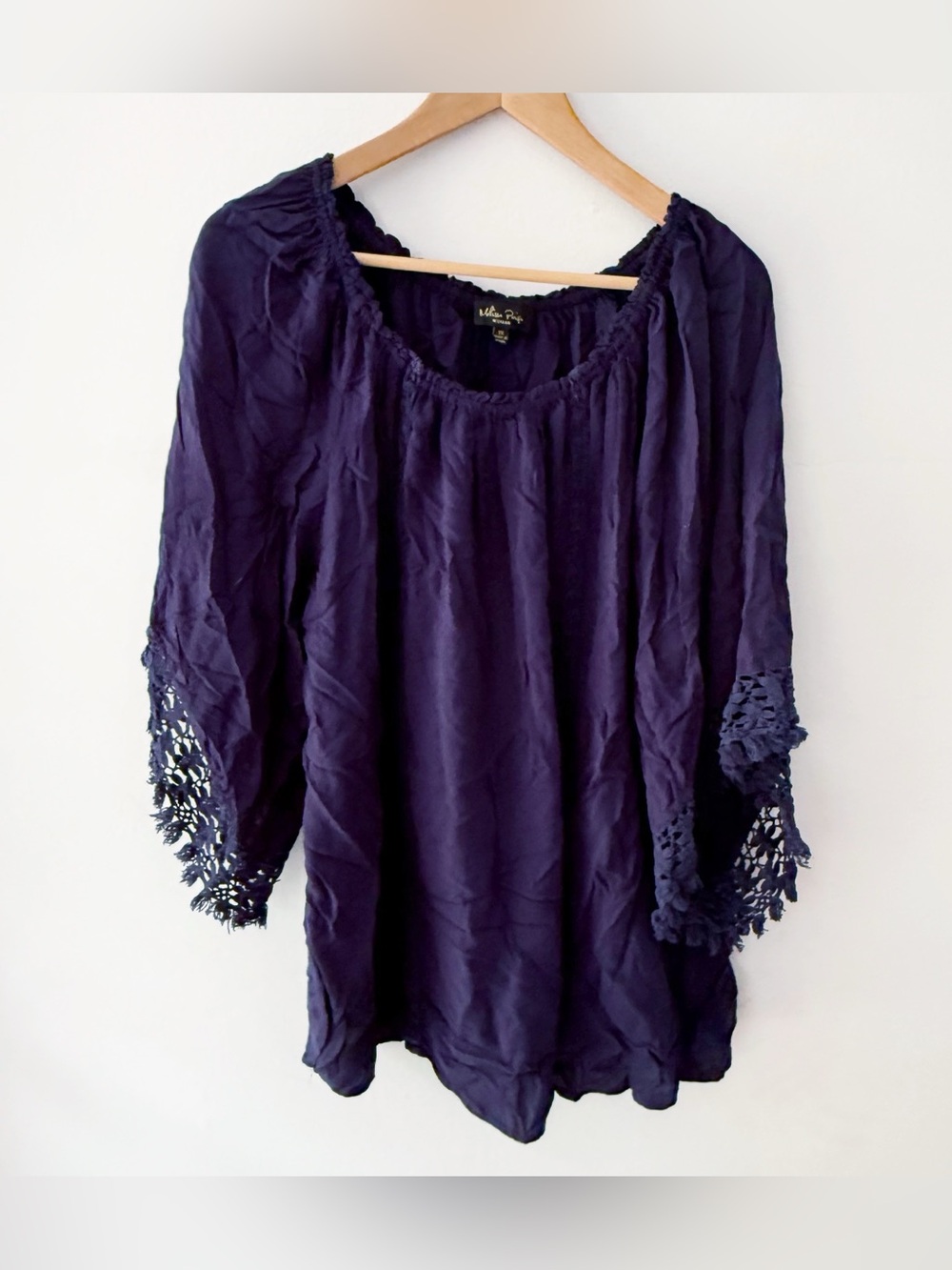 Melissa‎ Page Women Crochet Trim Oversized Top 1X Coastal Beachy Boho Flowy Navy